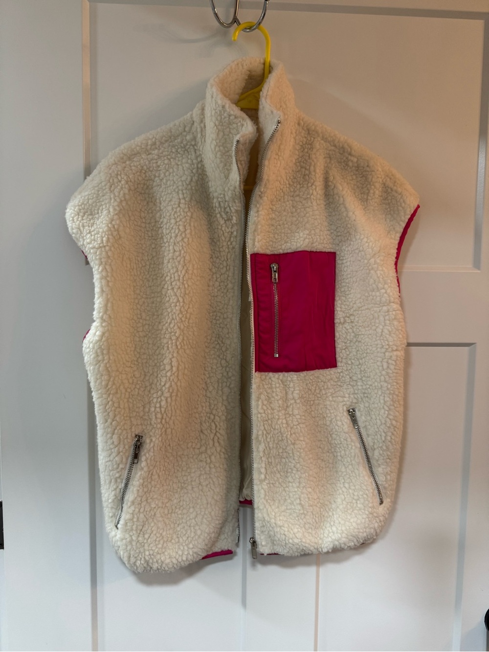 NWOT. Cream Sherpa Vest with Pink Pocket